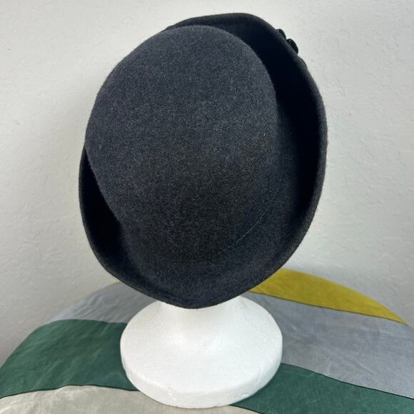 Dame- Vintage Wool Bowler Hat- Flower Cutout applique front- black gray- OSFM - Picture 3 of 8